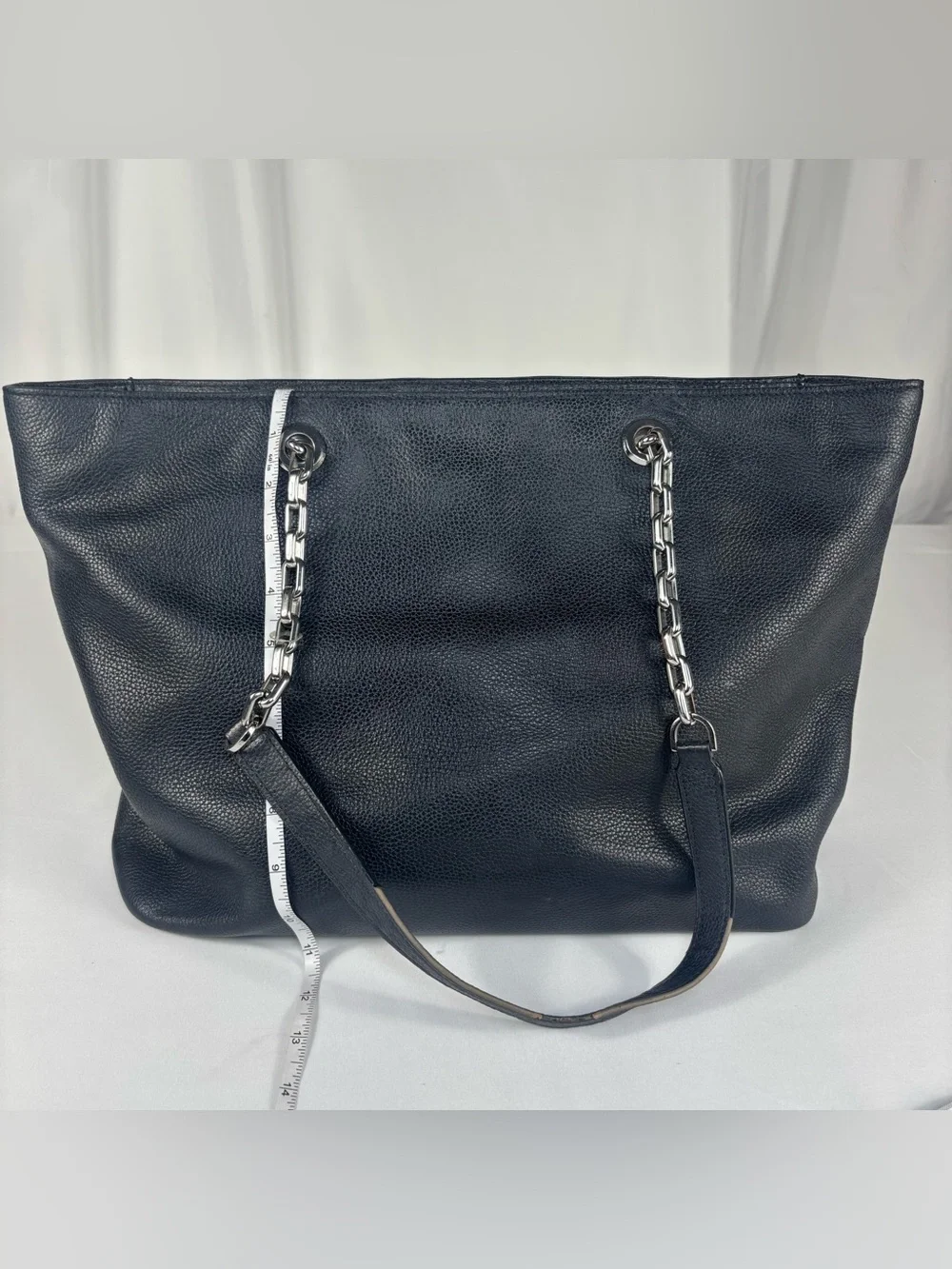Michael Kors Large Pebbled Leather Chain Tote Bag Navy Silver Hardware